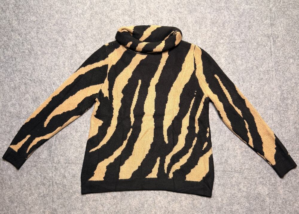 Soft Surroundings Womens PS Petite Black Tan Animal Stripe Cowl Neck Sweater